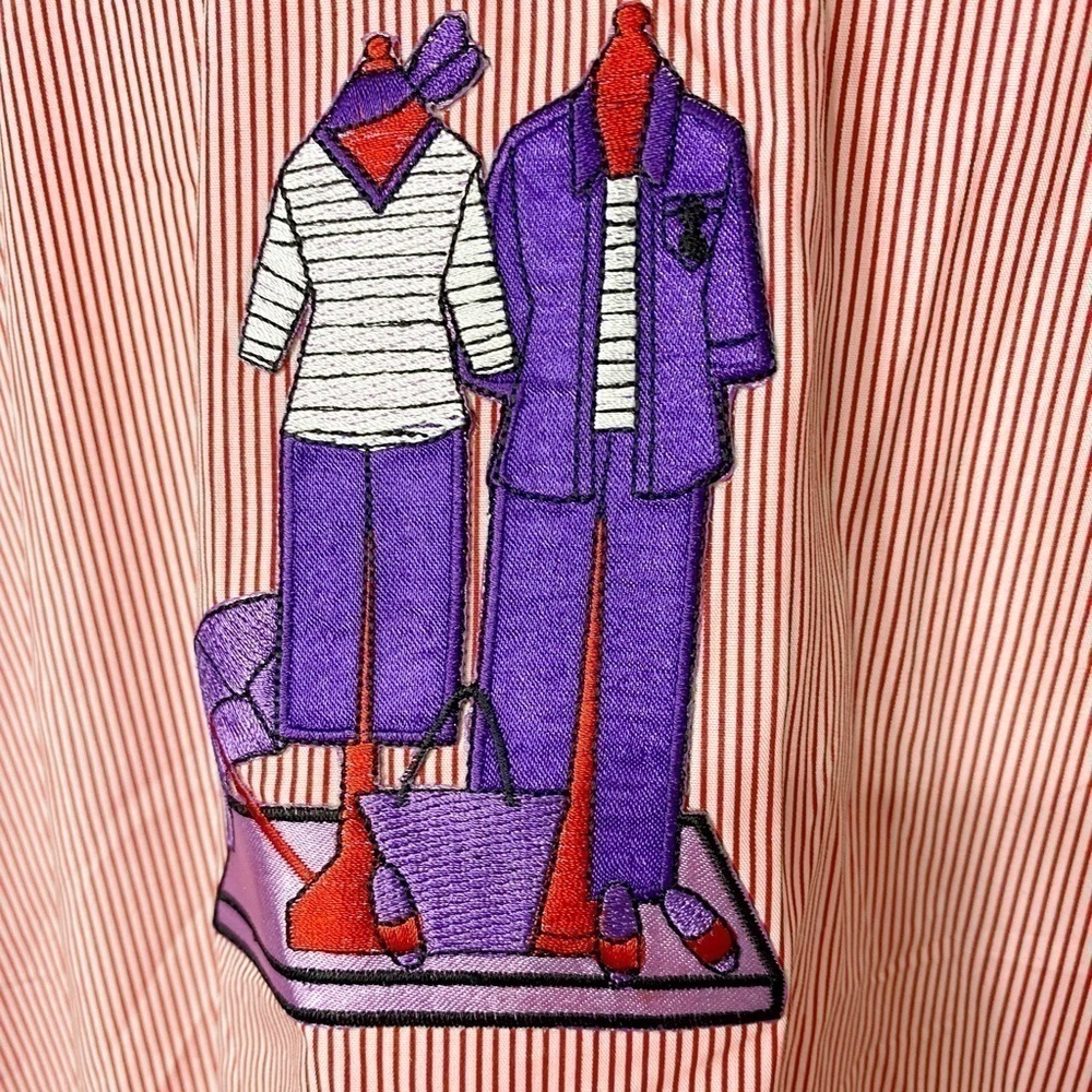 Las Olas Red and White Striped Button Down Long Sleeve Shirt with Embroidery - Picture 3 of 12